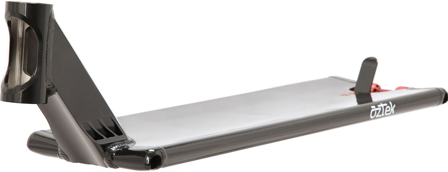 A close-up of the Aztek Europa 2 Black Magic Stunt Scooter Deck - 7″ x 24″ by Aztek displays its sleek black finish, prominent front neck tube, and integrated rear brake against a white background—making it an ideal choice for riders searching for a premium street scooter deck.
