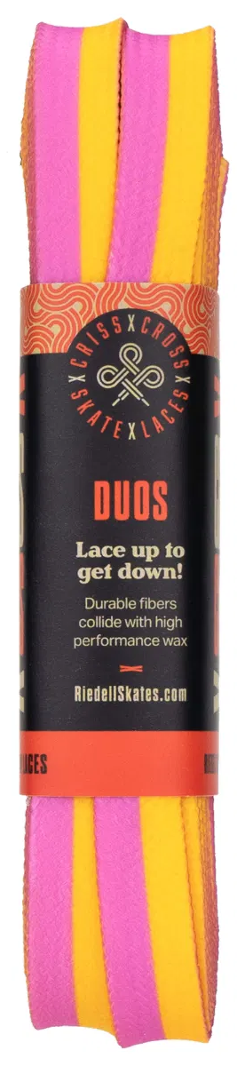 A Criss Cross X Derby Laces package features durable pink/yellow quad roller skate laces, secured by a black band highlighting their high-performance wax-infused fibers.