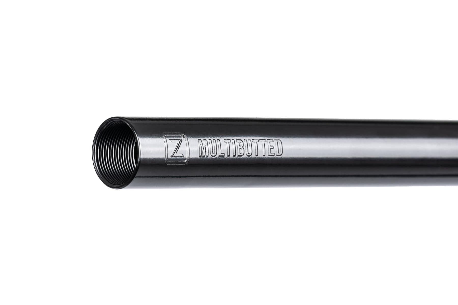 Close-up of a black Chromoly Steel tube with “Z MULTIBUTTED” engraving, highlighting the Ethic DTC Deildegast V2 Steel Oversized HIC Stunt Scooter Bars (Black Mirror, 720mm x 600mm) and their HIC compression compatibility against a plain white background.