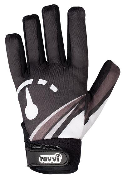 The Revvi Long Finger Tech Kids Bike Protection Gloves in black feature white and gray speedometer graphics, an adjustable wrist strap, and "revvi" branding for a secure fit.