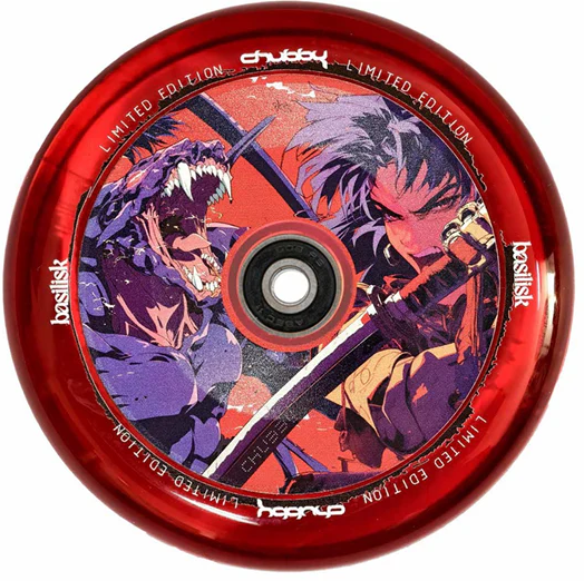 The Chubby Hollowcore 110mm Stunt Scooter Wheel - Basilisk Limited Edition features a bold red design with two anime-inspired characters—a roaring beast on the left and a determined swordsman on the right—by Chubby.