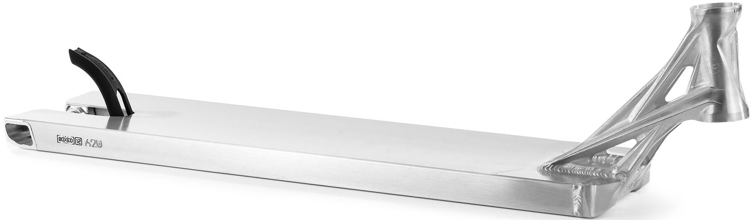 A raw finish Ethic DTC Lindworm V4 stunt scooter deck by Ethic, measuring 6.7″ x 22.8″ / 24.4″, featuring a visible rear brake and an angular, open-frame headtube design at the front right side, photographed on a white background.