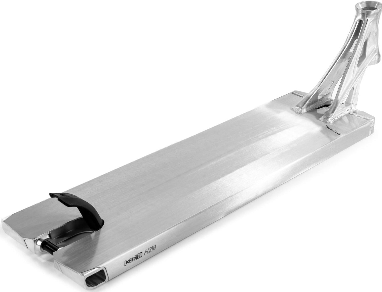 The Ethic DTC Lindworm V4 Raw Stunt Scooter Deck features a sleek, minimalist design in a metallic silver finish, complemented by a smooth surface and premium raw alloy feel. Its angular form includes an angled headtube for easy handlebar attachment, and it comes equipped with a black rear brake.