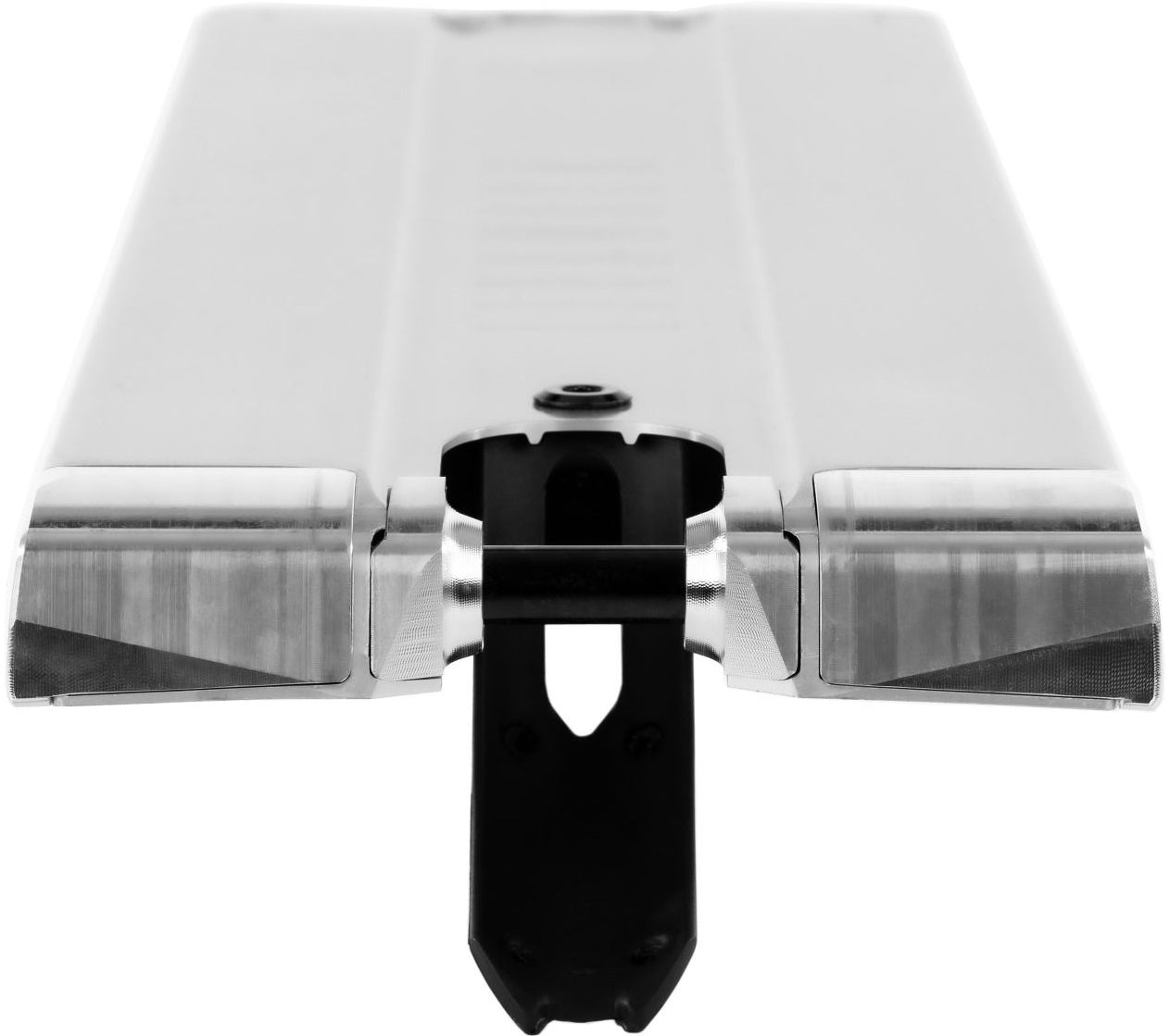 Close-up view of the Ethic DTC Lindworm V4 Raw Stunt Scooter Deck, featuring a rectangular, brushed metallic surface and a black plastic component extending downward from the center. The perspective is from the bottom edge, looking straight on.