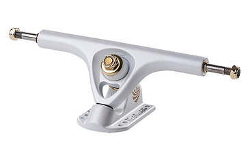 The Paris V3 Pearl White Longboard Trucks, made by Paris, are crafted from a proprietary alloy and boast a sleek design with gold-colored bolts at their center. These trucks feature baseplates with multiple holes for mounting and extend smoothly from left to right with threaded axles on each end, making them perfect for longboards.
