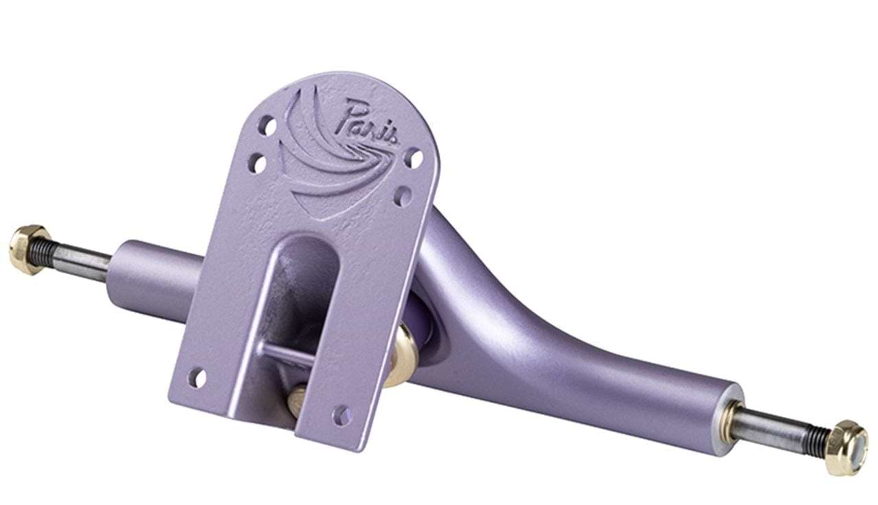 A Paris V3 Purple Tide longboard truck, featuring a lavender hue with "Paris" embossed on the baseplate, is crafted using proprietary alloy forming. This truck, measuring 180mm, comes with axles and mounting hardware and showcases a sleek, curved design enhanced by T6 heat treatment for durability and performance.