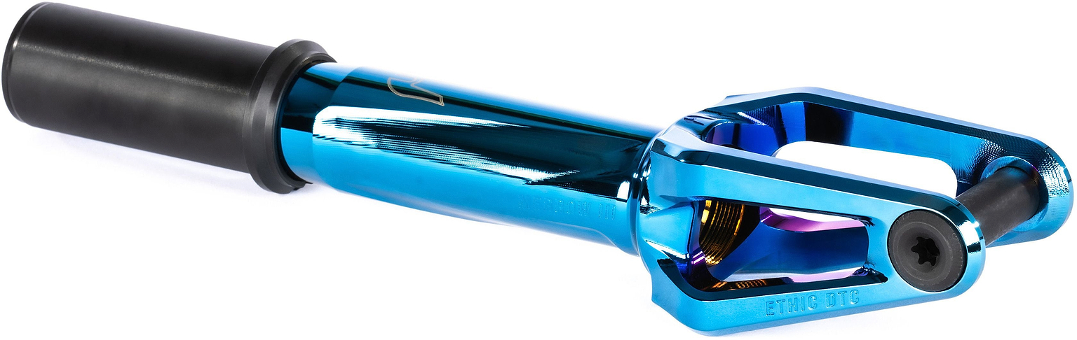 The Ethic DTC Merrow V3 8/12STD IHC Stunt Scooter Fork in blue by Ethic, featuring a black axle and tube, designed for 12STD stunt scooters, is shown lying on a white background.