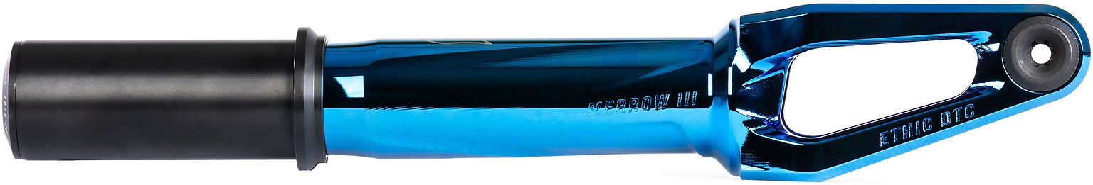 The Ethic DTC Merrow V3 8/12STD IHC Stunt Scooter Forks in blue feature a shiny finish with a black cylindrical section on one end and an open cutout design with an axle hole on the other, making them ideal for riders seeking high-performance 12STD fork setups from Ethic.
