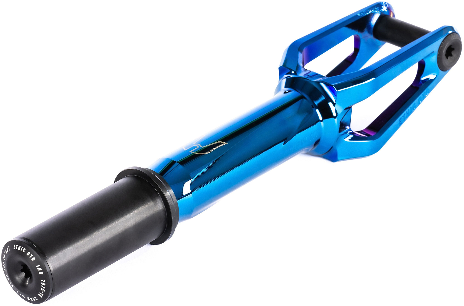 The Ethic DTC Merrow V3 8/12STD IHC Stunt Scooter Forks in blue feature a sleek, angular design with machined cutouts for reduced weight, and include a black axle and spindle.