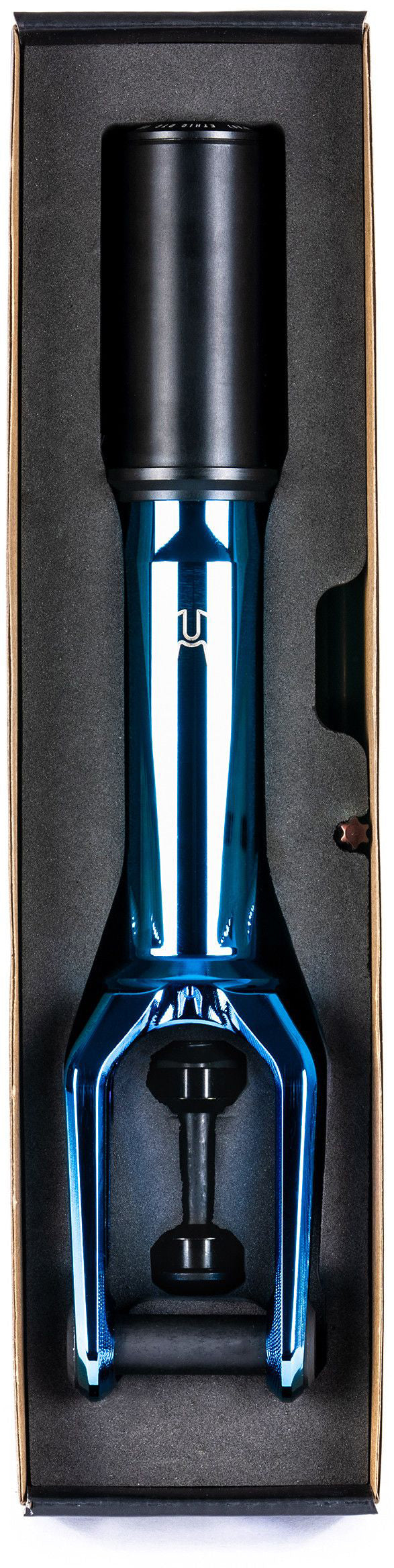 The Ethic DTC Merrow V3 8/12STD IHC Stunt Scooter Forks in blue, by Ethic, feature a sleek metallic blue and black design similar to other high-performance stunt scooter forks, include a cylindrical handle, and are securely packaged in a foam-lined box.