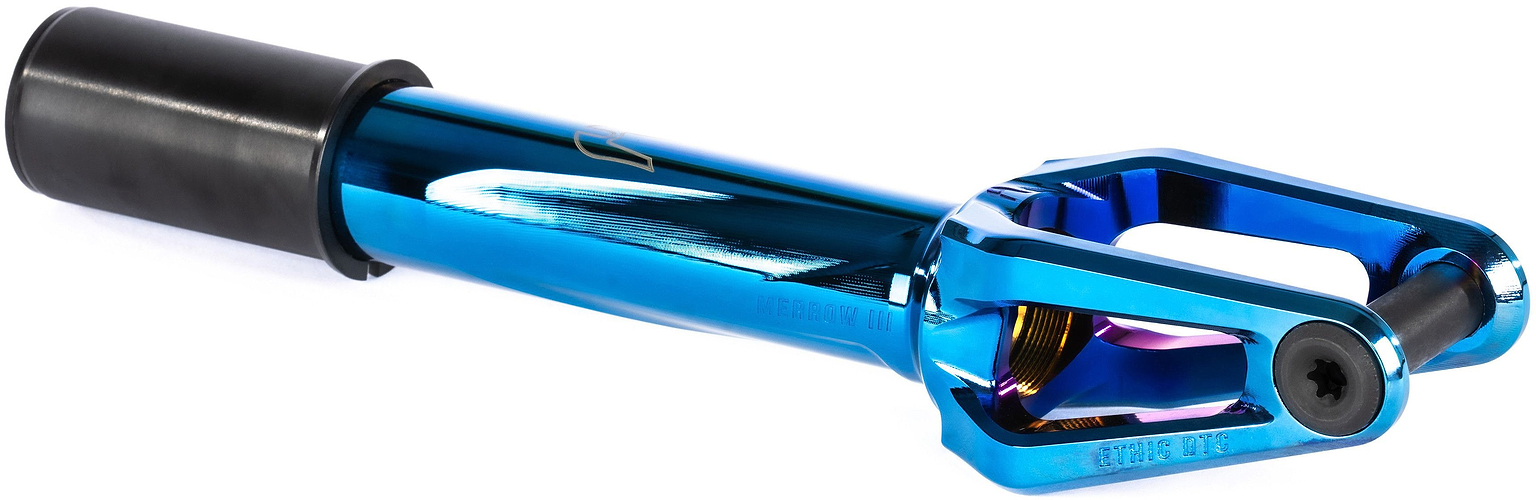 A glossy chrome blue Ethic DTC Merrow V3 8/12STD HIC stunt scooter fork, featuring a black cylindrical attachment at one end and an open, pronged design at the other, displayed on a white background—ideal for riders who demand high-performance Ethic brand scooter forks.