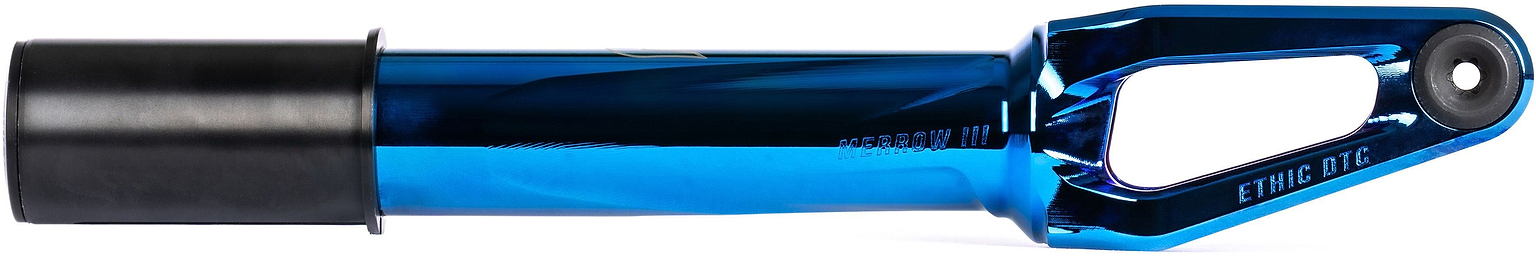 An Ethic DTC Merrow V3 8/12STD HIC stunt scooter fork in chrome blue, featuring a hollow section, black axle insert, and a smooth finish, photographed on a white background.