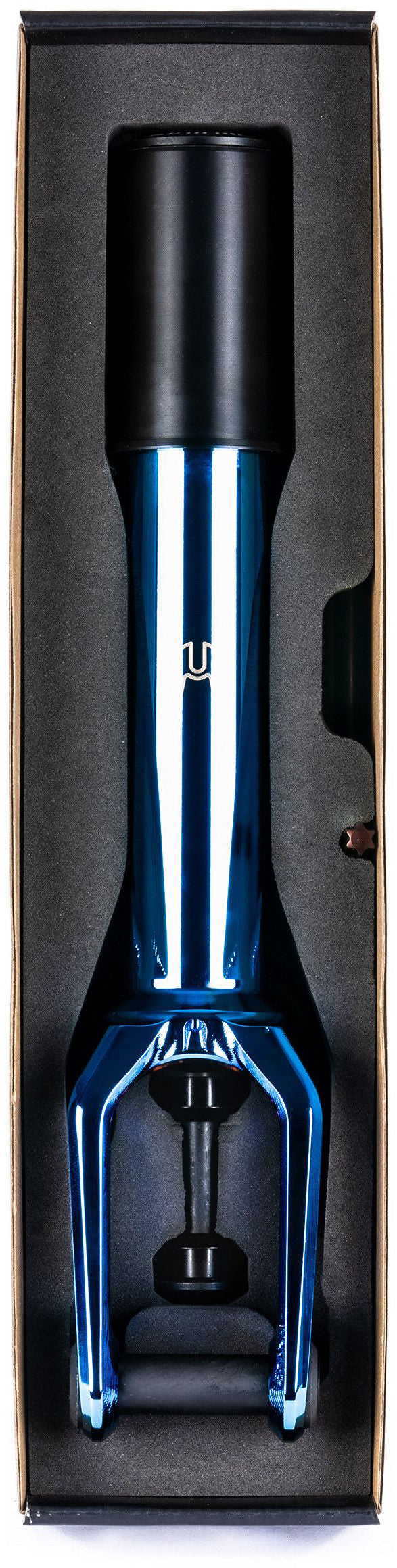 A chrome blue handheld massage gun with a black top, resting in a custom black foam case inside a box—its sleek design is reminiscent of the precision engineering found in Ethic’s Merrow V3 8/12STD HIC stunt scooter forks.