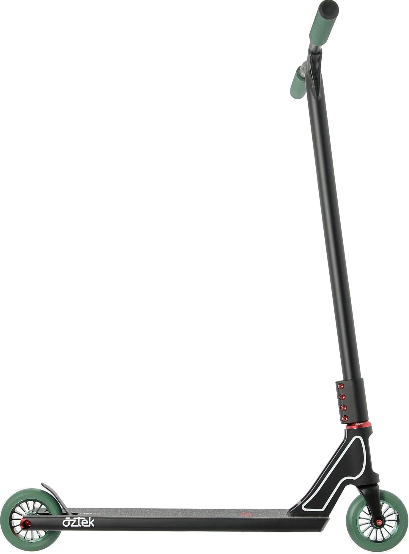 A side view of the Aztek Fountain 2026 Complete Stunt Scooter in Satin Black, featuring green wheels with red hubs and green handle grips, set against a white background.