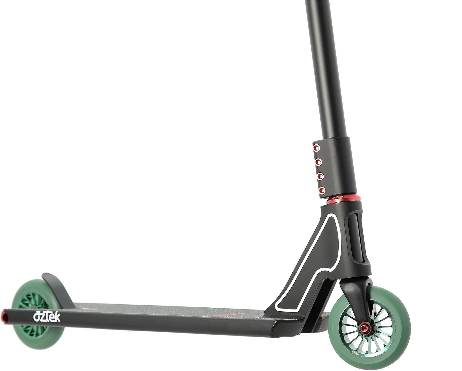 Aztek Fountain 2026 Complete Stunt Scooter - Satin Black by Aztek, featuring green wheels, red accents, and a black deck. The image presents a close-up side view of the scooter’s front half, focusing on the wheel, fork, and handlebar area.