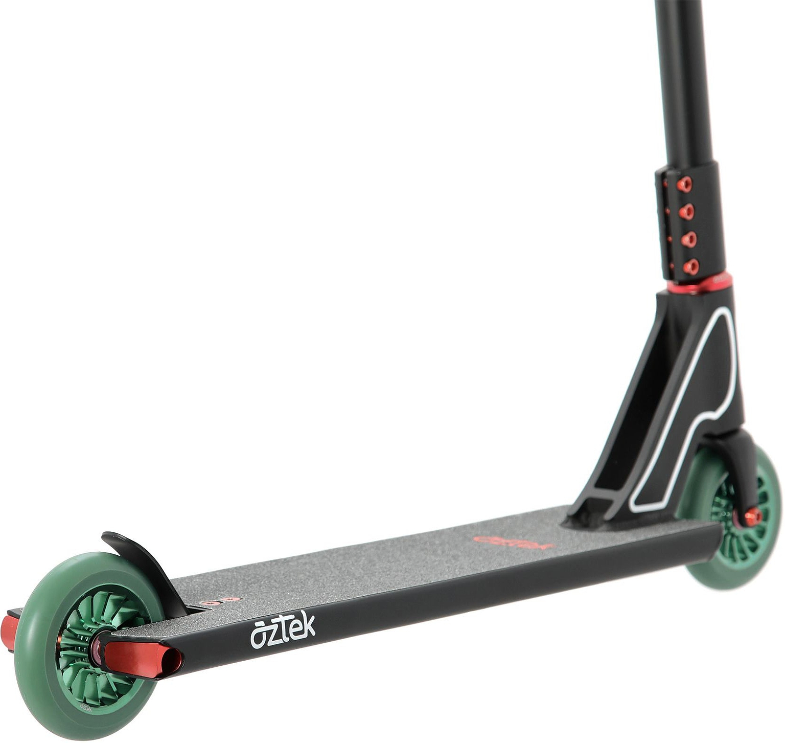 A close-up of the Aztek Fountain 2026 Complete Stunt Scooter in Satin Black, featuring green wheels, grip tape on the deck, and red accents from Aztek, focusing on the base and rear wheel area.