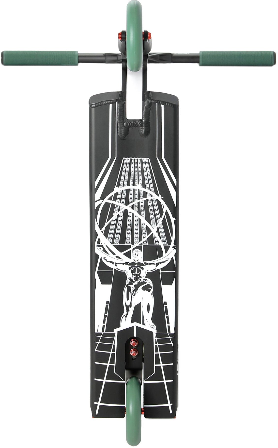A satin black Aztek Fountain 2026 Complete Stunt Scooter deck viewed from above, showcasing a white geometric illustration of a muscular figure holding a sphere with bold, dynamic lines that create a futuristic background—perfect for your next Aztek stunt scooter setup.