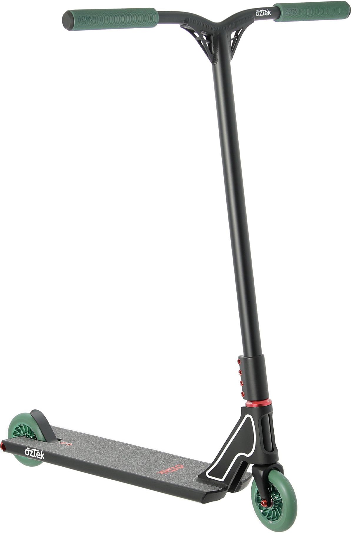 The Aztek Fountain 2026 Complete Stunt Scooter in Satin Black features a T-bar handle, green handle grips, two green wheels, and a non-slip deck—perfectly designed by Aztek for performing tricks and stunts.
