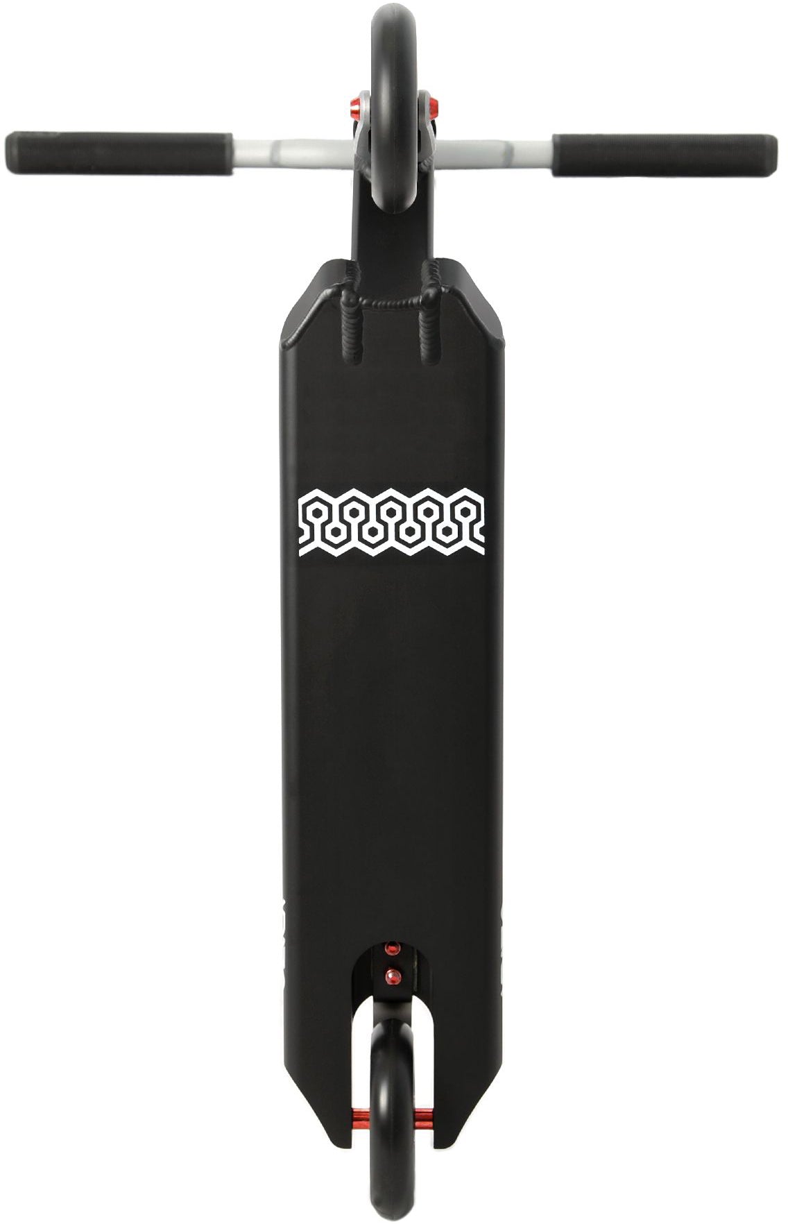 Top-down view of the Aztek Corsa 2026 Complete Stunt Scooter in Satin Black, showcasing its lightweight build, visible handlebars and wheels, and distinctive white geometric design on the deck—ideal for riders aiming to park their scooter or perform tricks.