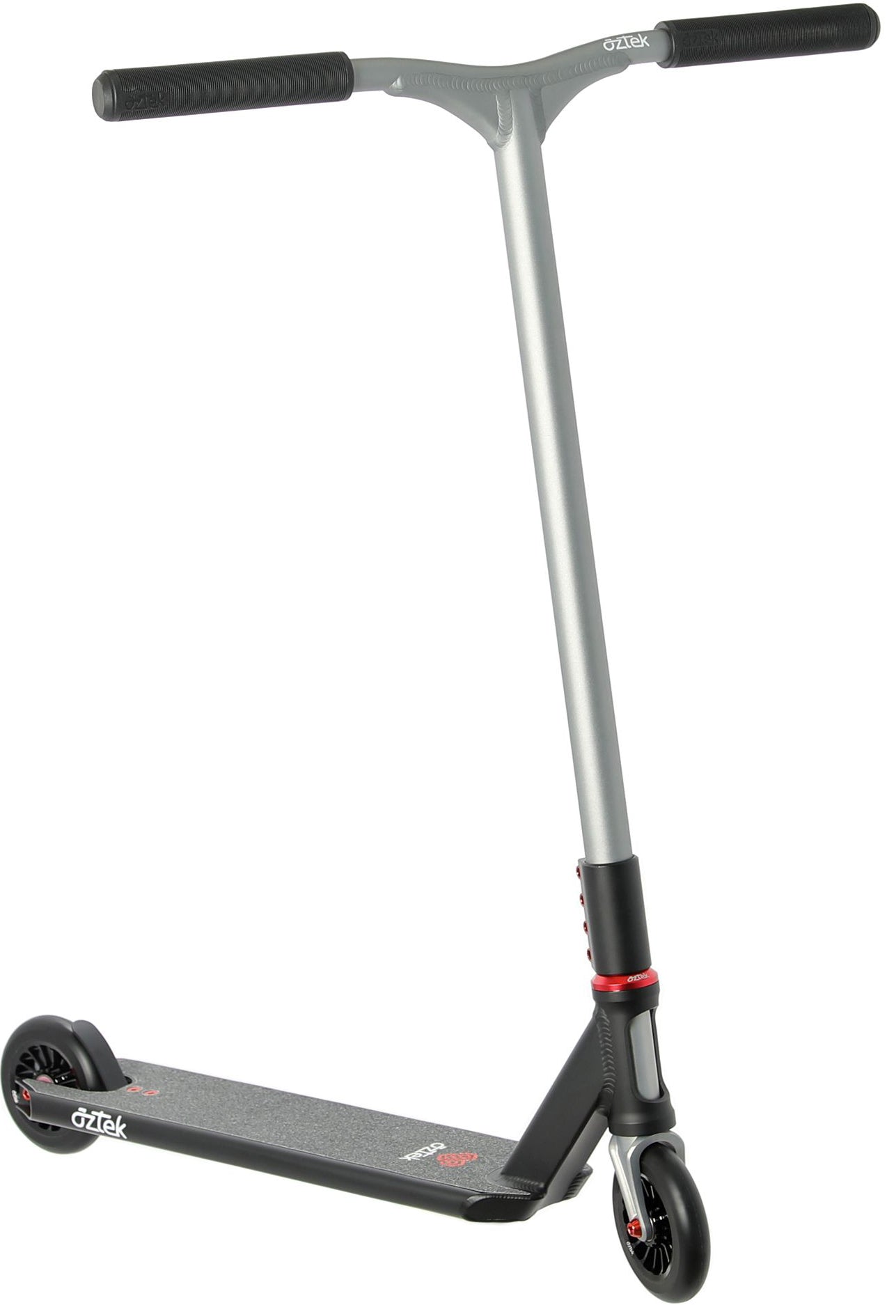 A lightweight stunt scooter, the Aztek Corsa 2026 Complete Stunt Scooter - Satin Black by Aztek boasts a sleek satin black design with a T-bar handle, black grip tape on the deck, and eye-catching red accents on the wheels and clamp—ideal for park scooter enthusiasts looking for both style and top-tier performance.