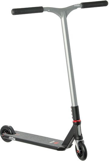 A lightweight stunt scooter, the Aztek Corsa 2026 Complete Stunt Scooter - Satin Black by Aztek boasts a sleek satin black design with a T-bar handle, black grip tape on the deck, and eye-catching red accents on the wheels and clamp—ideal for park scooter enthusiasts looking for both style and top-tier performance.