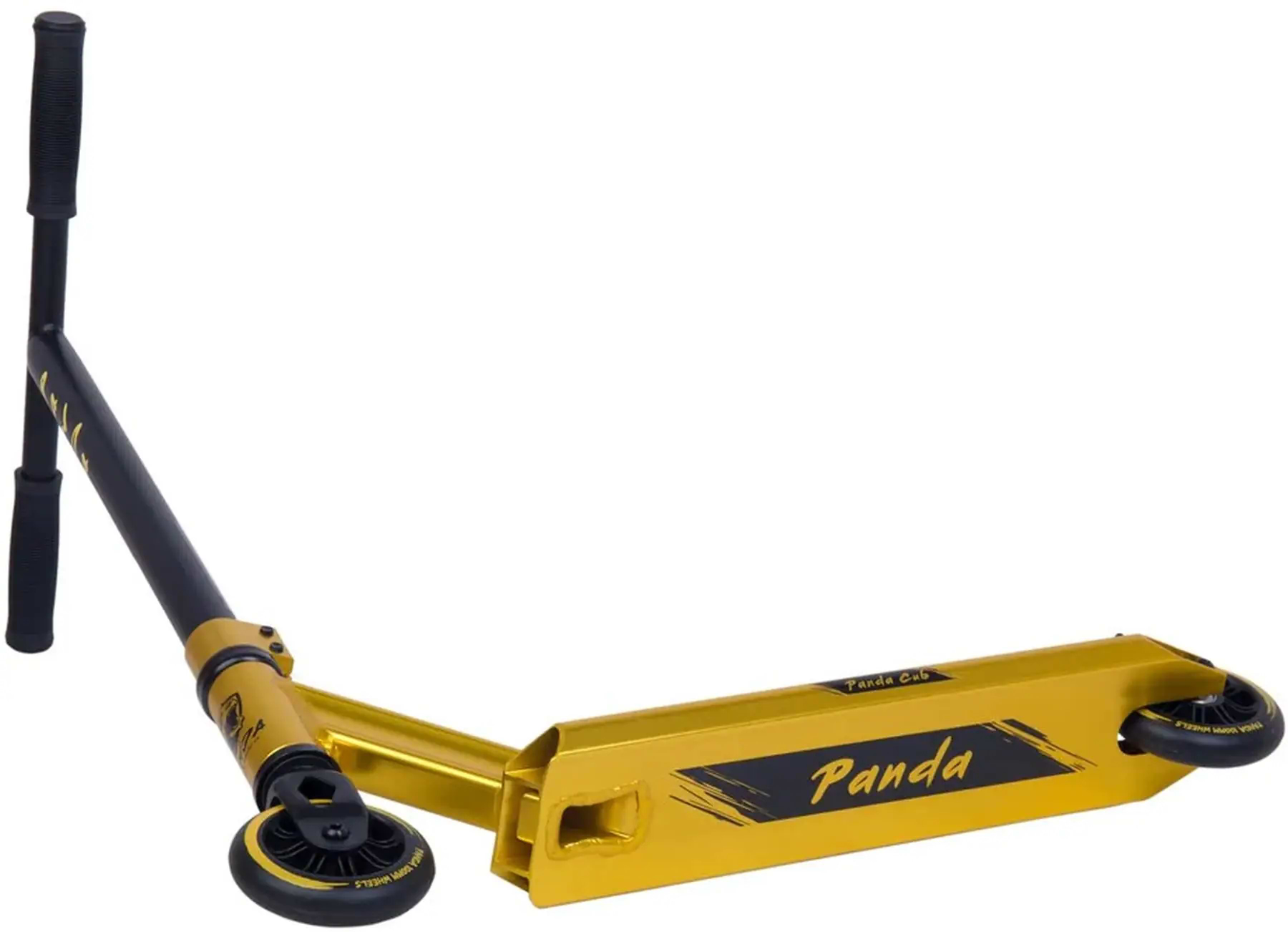 The Panda Cub Complete Stunt Scooter by Panda features a gold deck with "Panda" on it, black handlebars, and black wheels with yellow accents—perfectly designed for junior riders.