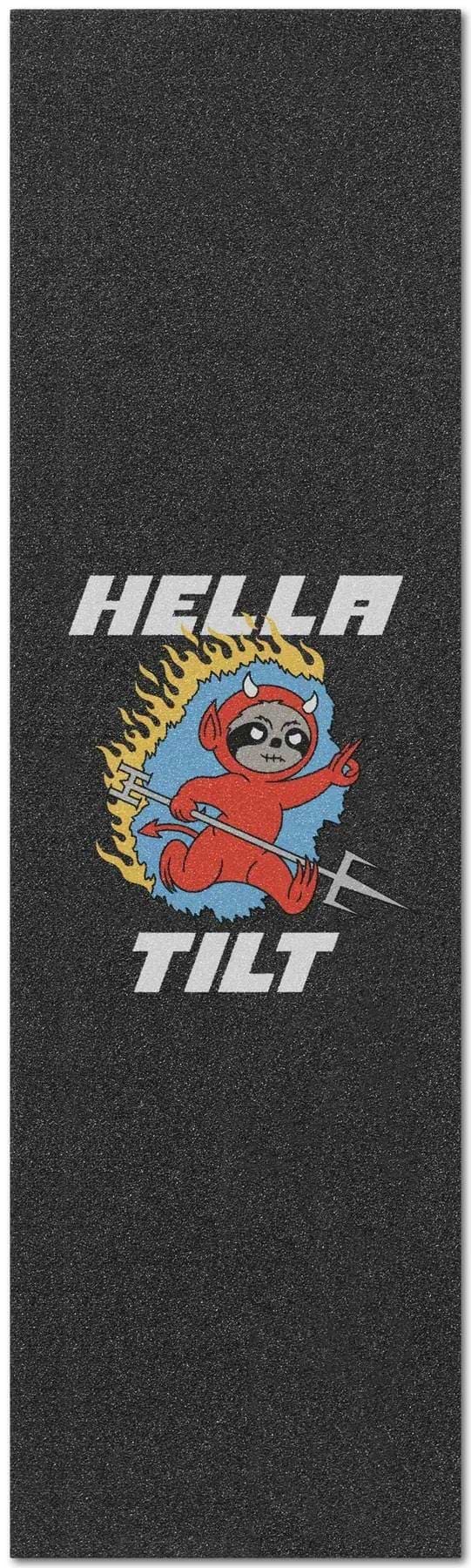 The TILT x Hella Grip Stunt Scooter Griptape - Portal by Tilt is black, featuring "HELLA TILT" in bold white letters and a cartoon red devil with a pitchfork amid yellow flames in the center.
