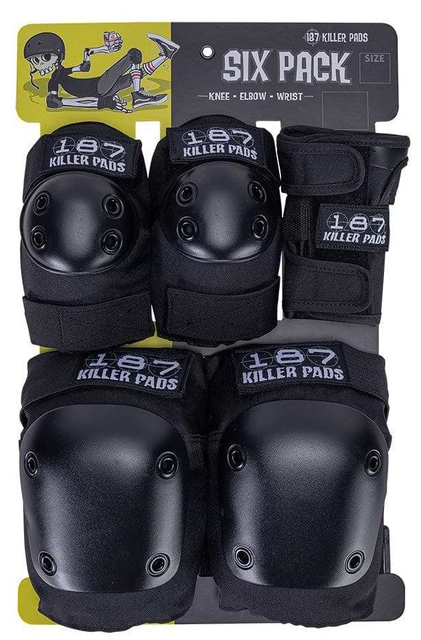 The 187 Killer Pads Six Pack Combo Skate Protection Pad Set - Black provides skaters with superior safety features, including hard-shell caps on the knee, elbow, and wrist pads. The package features a cartoon skater illustration and boldly presents itself as the "Six Pack" pad set for ultimate confidence.