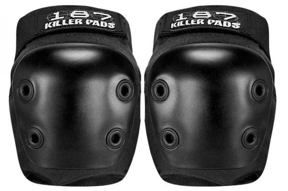 Introducing the 187 Killer Pads Six Pack Combo Skate Protection Pad Set - Black, designed specifically for skaters. These black kneepads feature durable hard shell surfaces and ventilation holes for enhanced comfort. The straps prominently display the "187" brand in white letters, ensuring top-notch protection for your skating adventures.