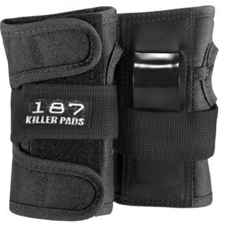 A pair of black wrist guards with Velcro straps and reinforced support, included in the 187 Killer Pads Six Pack Combo Skate Protection Pad Set, designed for skaters seeking ultimate protection.