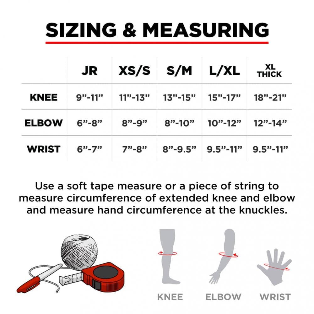 The sizing chart for the 187 Killer Pads Six Pack Combo Skate Protection Pad Set - Black includes knee, elbow, and wrist measurements in sizes JR, XS/S, S/M, L/XL, and XL Thick. Skaters can find instructions and illustrations for measuring with a tape or string located below the chart.