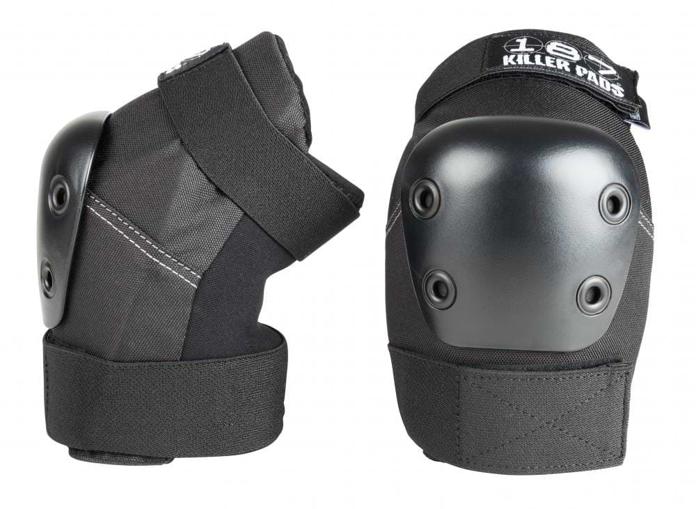 Two black elbow pads with hard gray caps are depicted, crafted for impact protection during activities like skating or biking. Featuring adjustable straps for a secure fit, these pads deliver dependable defensive gear. The brand name, "187," is visible on one of the 187 Killer Pro Elbow Skate Protection Pads models.