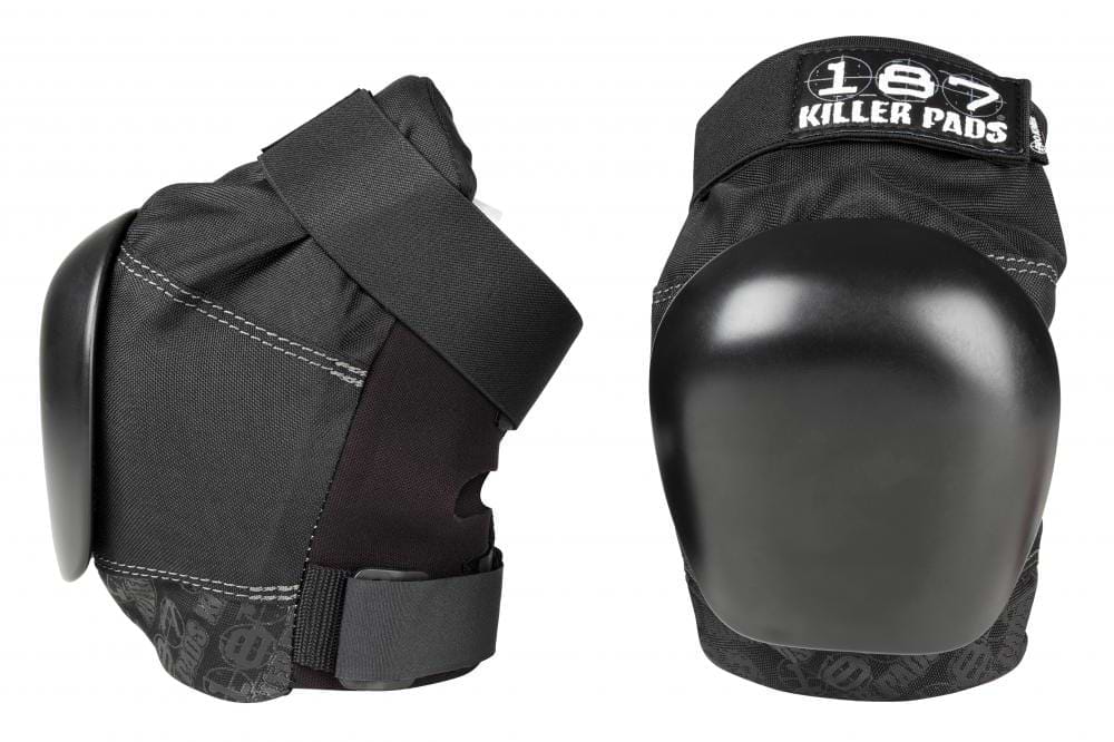 A pair of "187 Killer Pro Knee Skate Protection Pads - Black" with the brand name "187" printed on them. Designed for action sports, they feature durable black shells and adjustable straps to provide secure knee protection against heavy impacts.