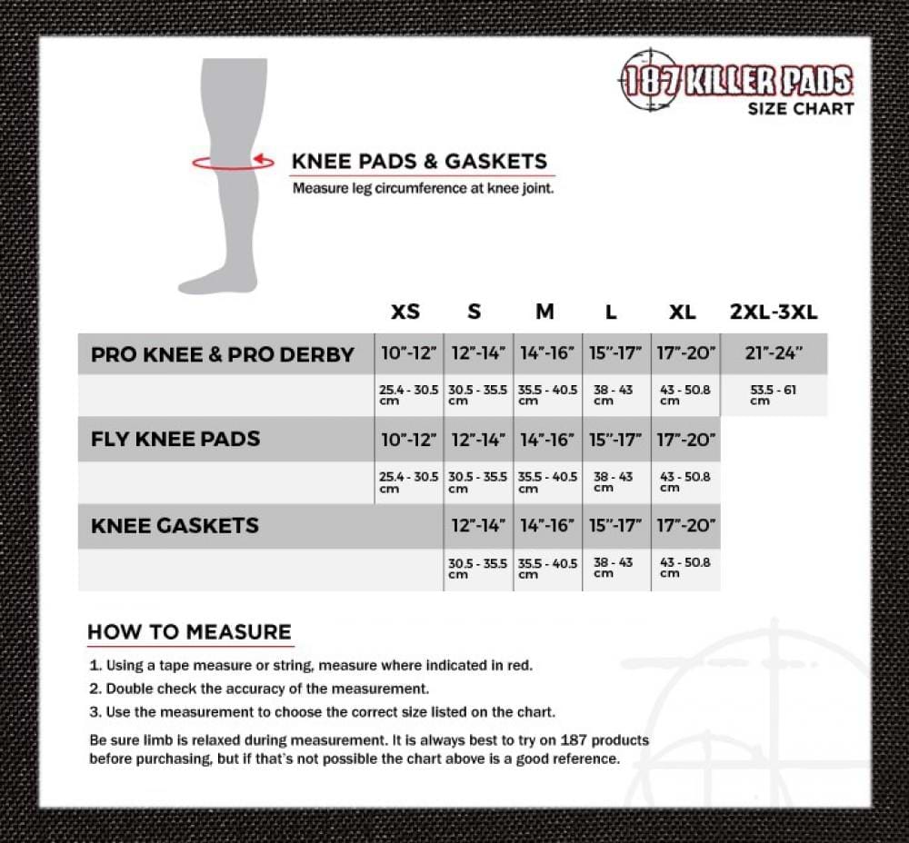 Size chart for 187 Killer Pro Knee Skate Protection Pads - Black, tailored specifically for action sports enthusiasts. The chart displays measurements ranging from XS to 2XL-3XL and includes a diagram illustrating how to measure leg circumference at the knee joint. Instructions are provided for using a tape measure to ensure accurate sizing, offering optimal knee protection against heavy impacts.