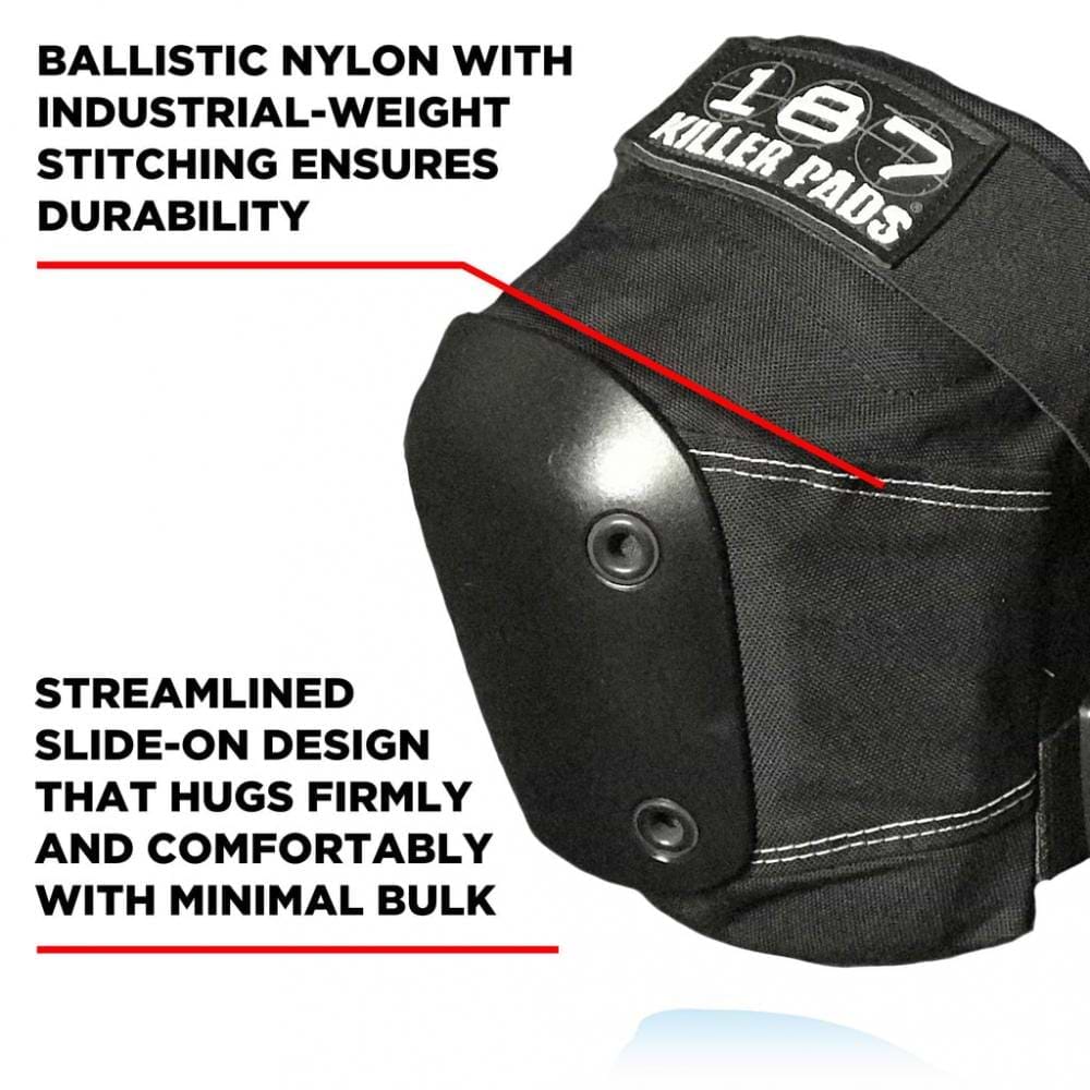 Close-up of a black 187 Killer Slim Knee Skate Protection Pad crafted from ballistic nylon with industrial-weight stitching. This pad features a streamlined, slide-on design for a snug fit and incorporates a memory foam system. The brand name "187" is visible on the fabric.