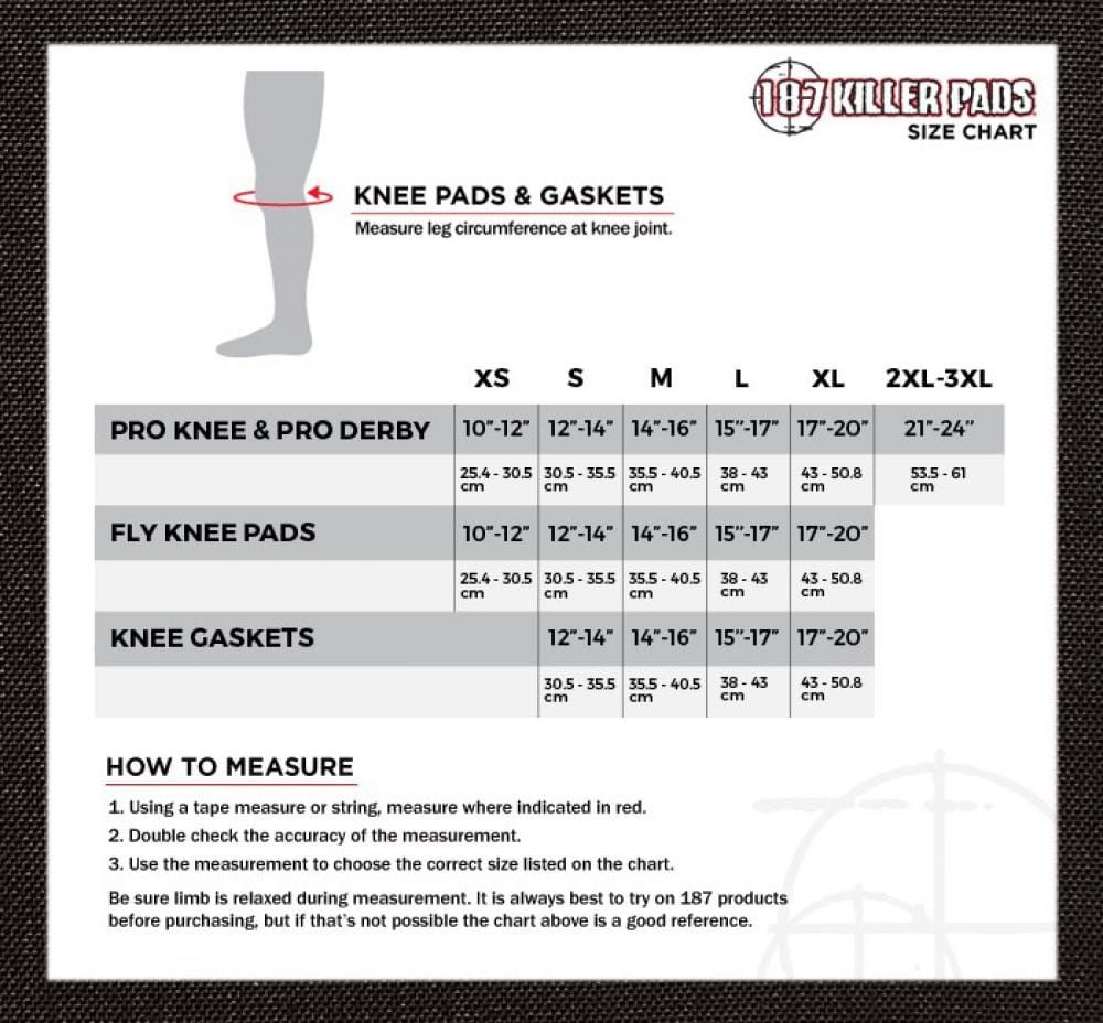Sizing guide for 187 Killer Pro Derby Knee Protection Pads - Black by 187. Covers sizes XS to 3XL, providing measurements in both inches and centimeters for Pro Knee, Fly Knee Pads, and action sports knee protection. Includes instructions on measuring knee circumference using V-22™ Dual Density Foam technology.