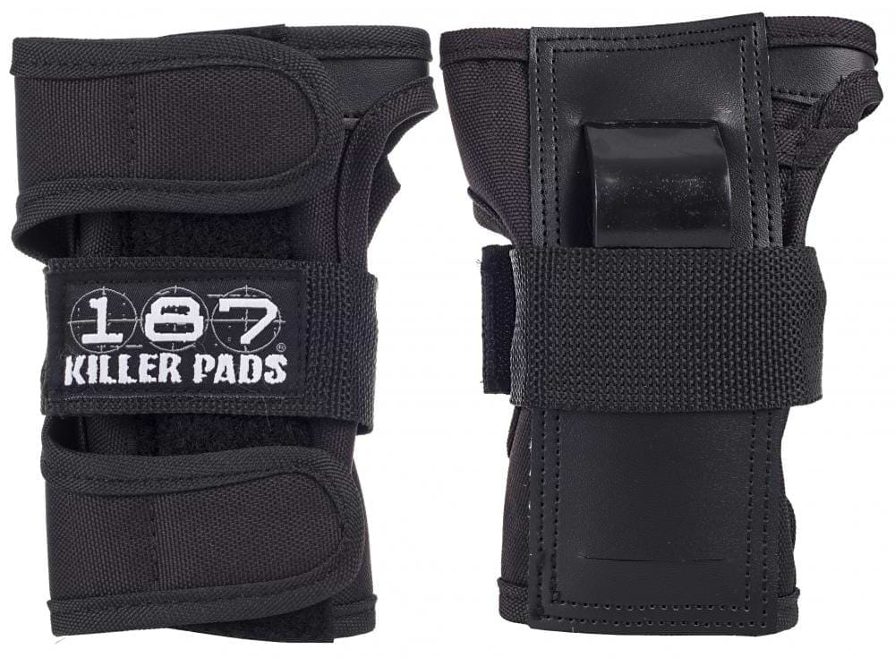 The 187 Killer Wrist Guards Skate Protection in black are constructed with a reinforced design, featuring adjustable straps and proudly displaying the "187" logo. These durable wrist guards provide excellent protection during skateboarding activities.