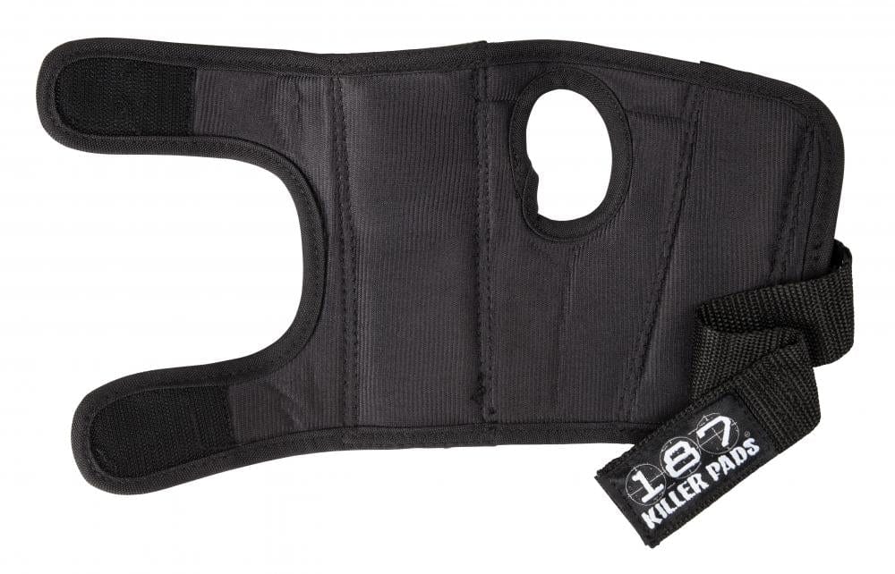 The 187 Killer Wrist Guards Skate Protection in black features a thumb hole and adjustable strap closure. Designed to provide superior wrist protection, it includes supportive padding and proudly displays the "187" brand label on the strap.
