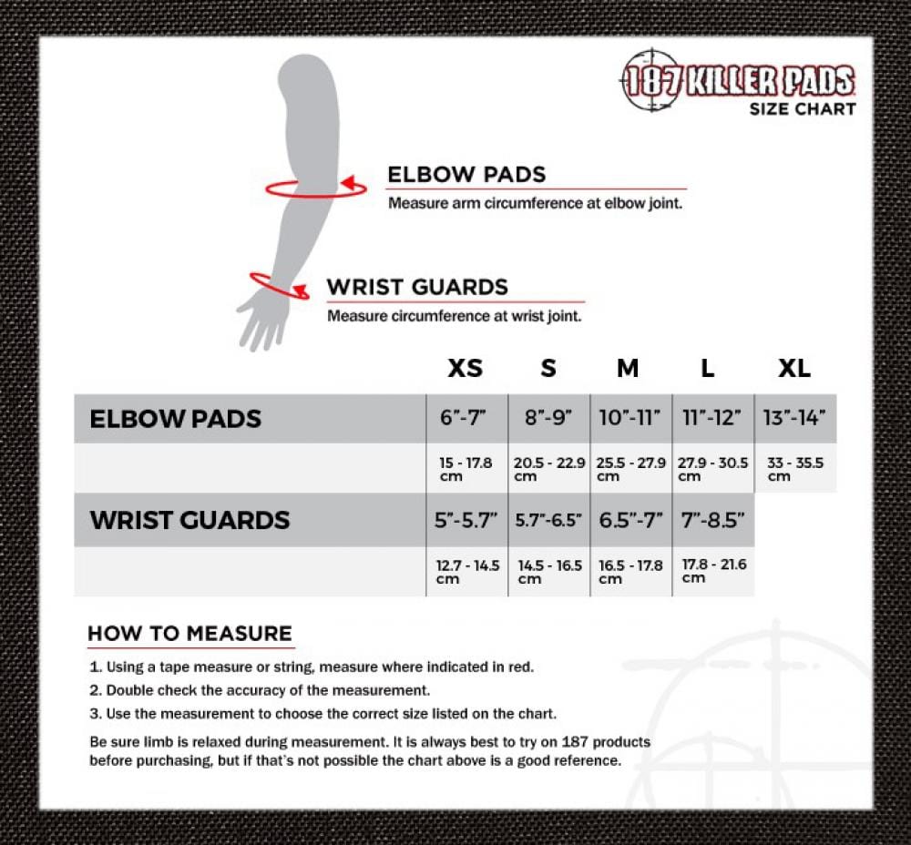 Size chart for the 187 Killer Derby Wrist Guards - Black by 187 detailing measurements for elbow pads and wrist guards. Available in sizes from XS to XL, the chart provides arm and wrist circumference in both inches and centimeters. The product includes a padded interior to ensure comfort, along with instructions on how to measure.