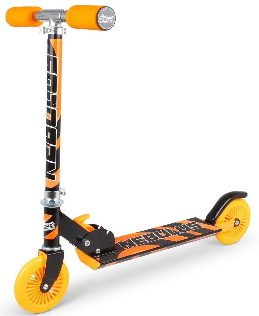 The Ozbozz Nebulus Foldable Kids Kick Scooter in neon orange features an adjustable handlebar, orange wheels and grips, rear foot brake, and "NEBULA" displayed on the deck and stem. Shown unfolded and ready to ride.