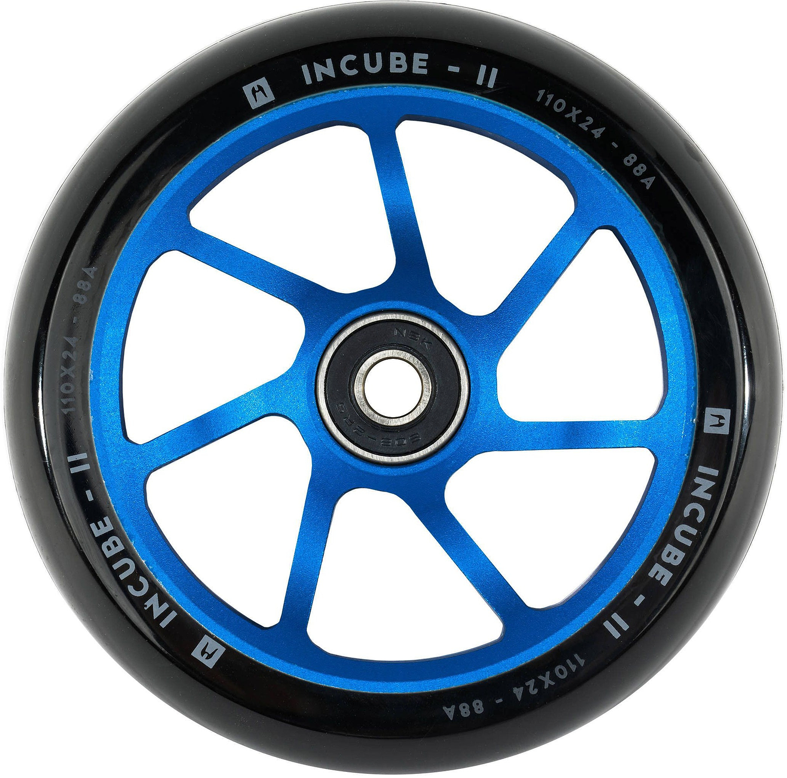 The Ethic DTC Incube V2 110mm Stunt Scooter Wheel in blue by Ethic features a blue and black metal design with eight spokes, and "INCUBE-II 110x24 88A" printed around its outer edge.