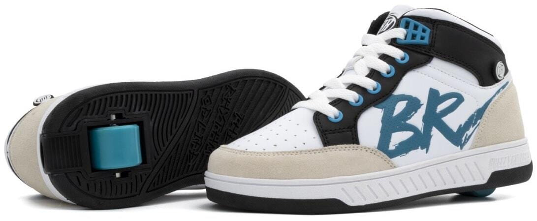 A pair of Breezy Rollers Skater Shoes in white and light blue with a large "BR" on the side, featuring retractable wheels in the heels for effortless rolling fun. Brand: Breezy Rollers.