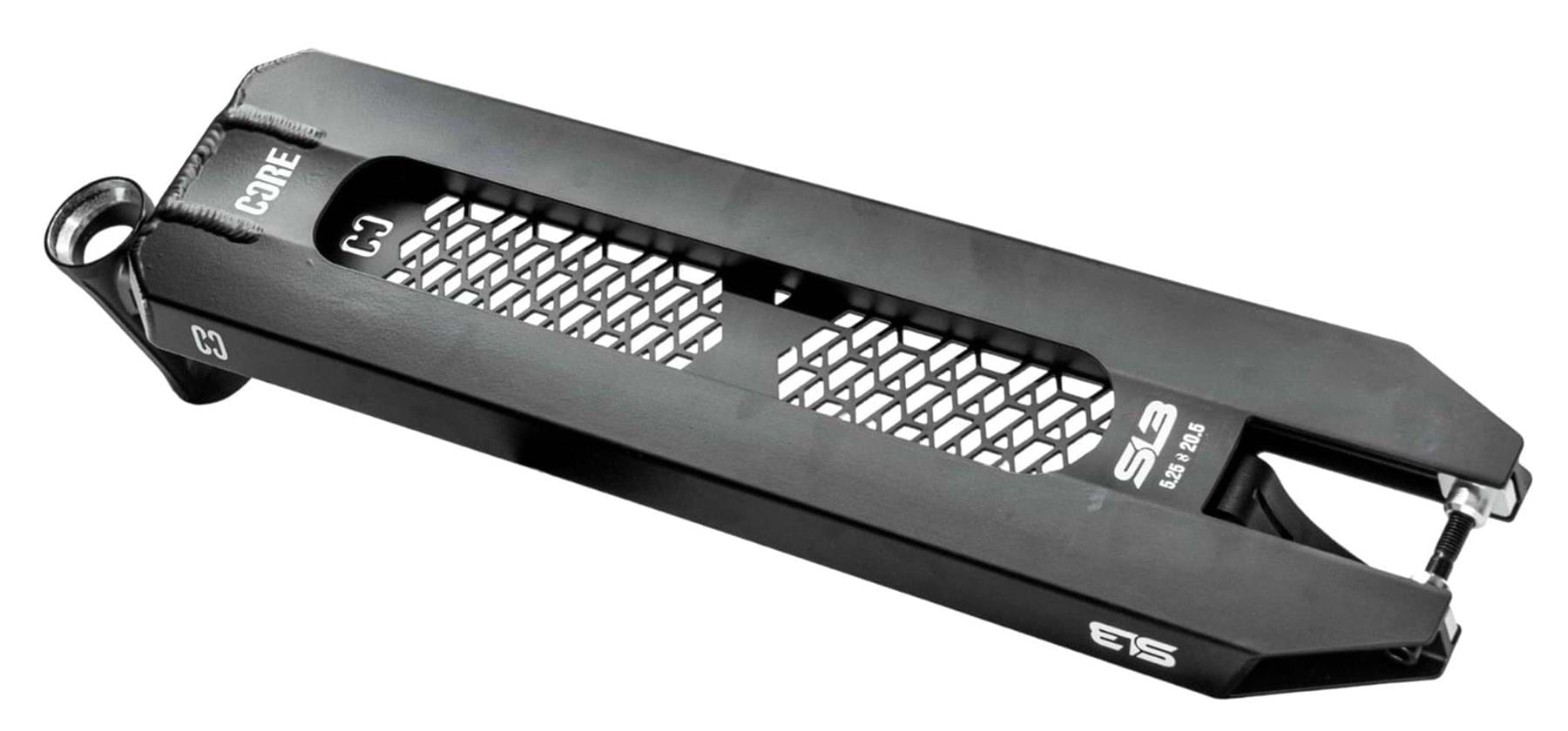 The CORE SL3 Forged Black Stunt Scooter Deck (5.25" x 19.3"/20.5") features a central honeycomb cutout, angled edges, and mounting points at both ends, with "CORE," "C3," and "S3" labeling.