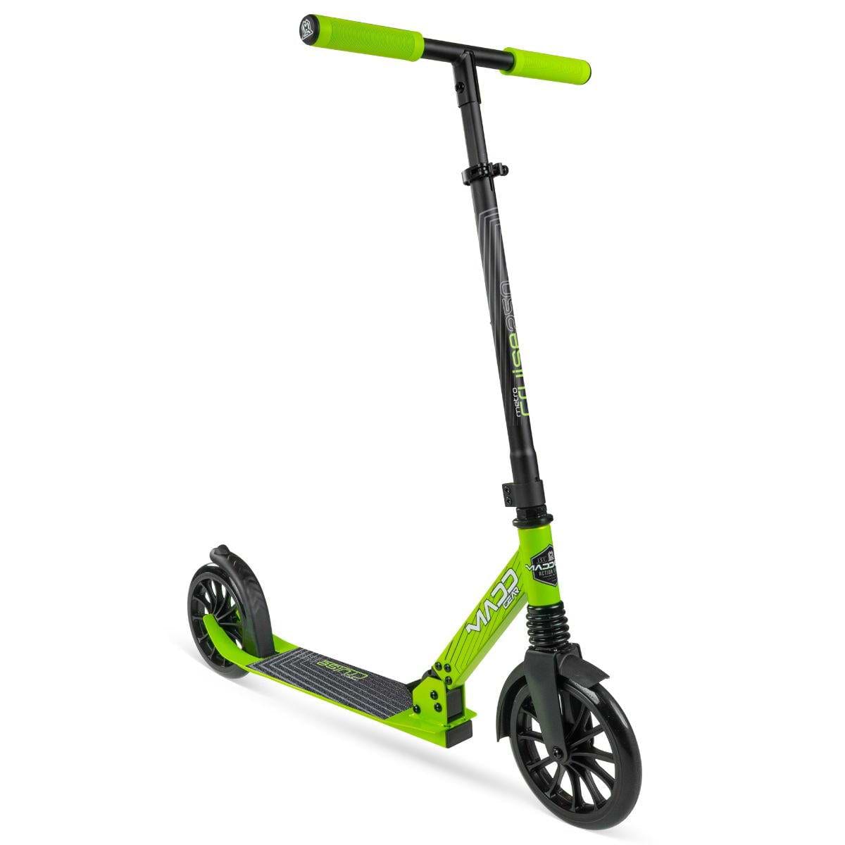 The Madd Gear Metro Cruise 250 Foldable Commuter Scooter by MGP features a black/lime design, large wheels, adjustable handlebar, and non-slip deck—perfect for older kids or teens. Shown against a white background.