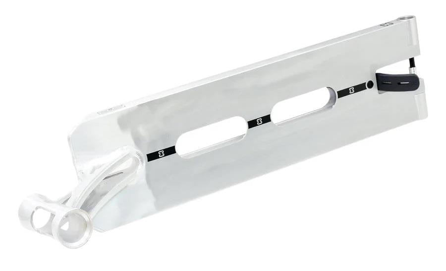 Constructed from sturdy 6061 aluminum, the CORE ST2 Forged Polished Street Stunt Scooter Deck by CORE showcases a polished finish and stylish rectangular profile with two elongated oval cutouts. Ideal for street riding, it measures 6" x 22" and includes a wheel mounting bracket at one end along with two square notches for extra flair.