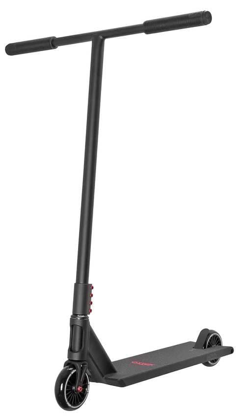 The Aztek Siren Complete Street Stunt Scooter in black features a straight handlebar, two small wheels, a minimalist design, and red accents on the stem and deck—perfect for sleek street riding.