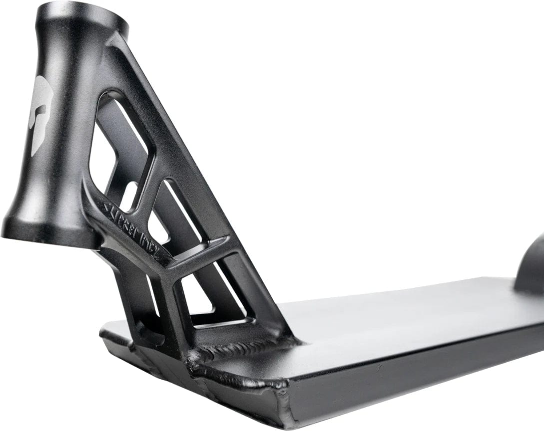 A durable black metal component from the Supremacy Spartan Black Stunt Scooter Deck, measuring 5.5" x 20.5", ideal for street riding with its strong and boxed design.