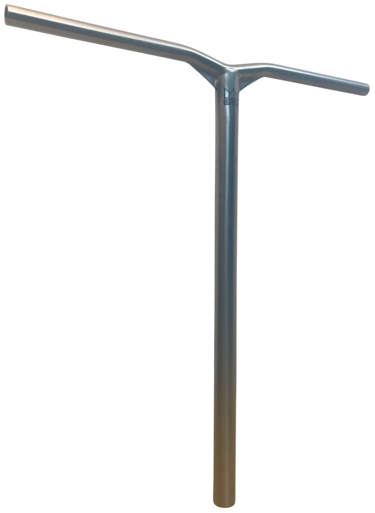 The Legacy Gusset Titanium Oversized HIC Stunt Scooter Y-Bars in chrome (660mm x 600mm) feature a strong, lightweight titanium "Y" design with a dual horizontal top, standing out against a plain white background.