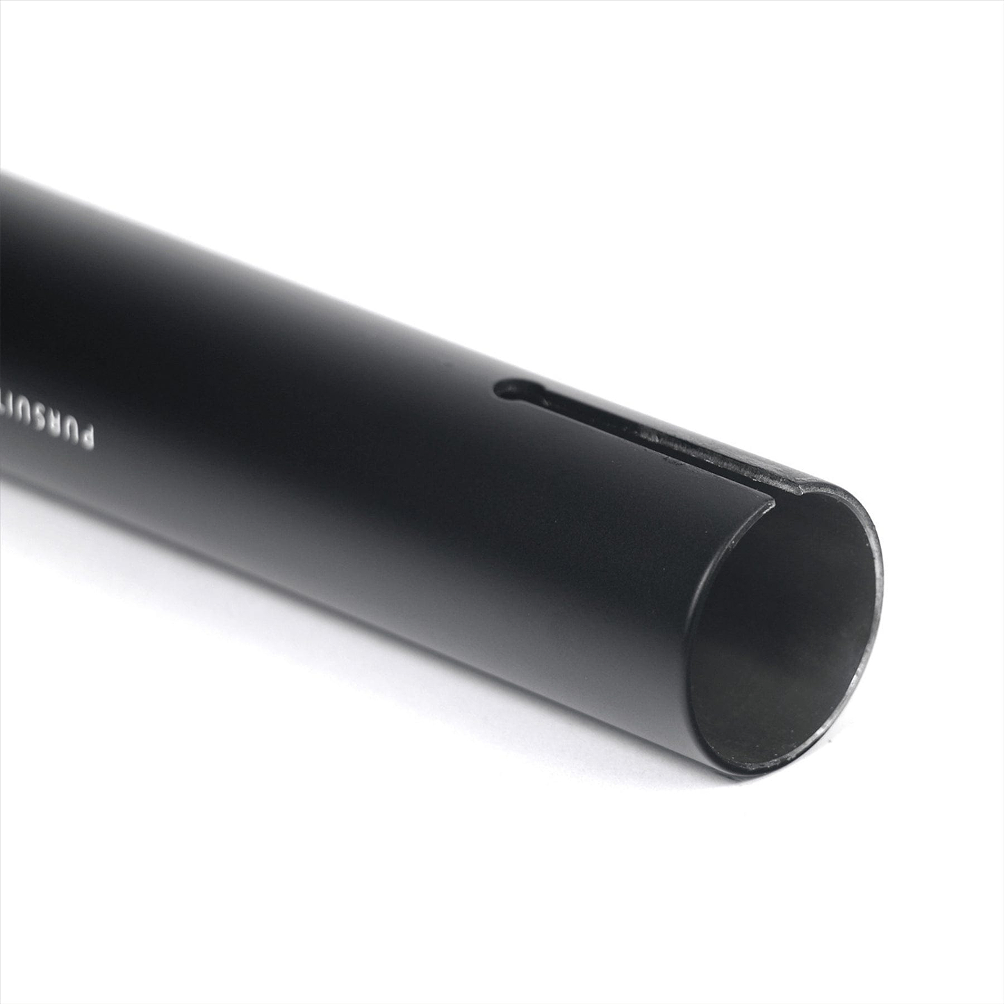 Close-up of the Root Industries AIR Titanium Oversized HIC Stunt Scooter Bars, featuring a sleek black cylindrical design with a smooth surface and a narrow rectangular slot near the end, resembling lightweight handlebars, set against a plain white background. Dimensions: 660mm x 600mm.
