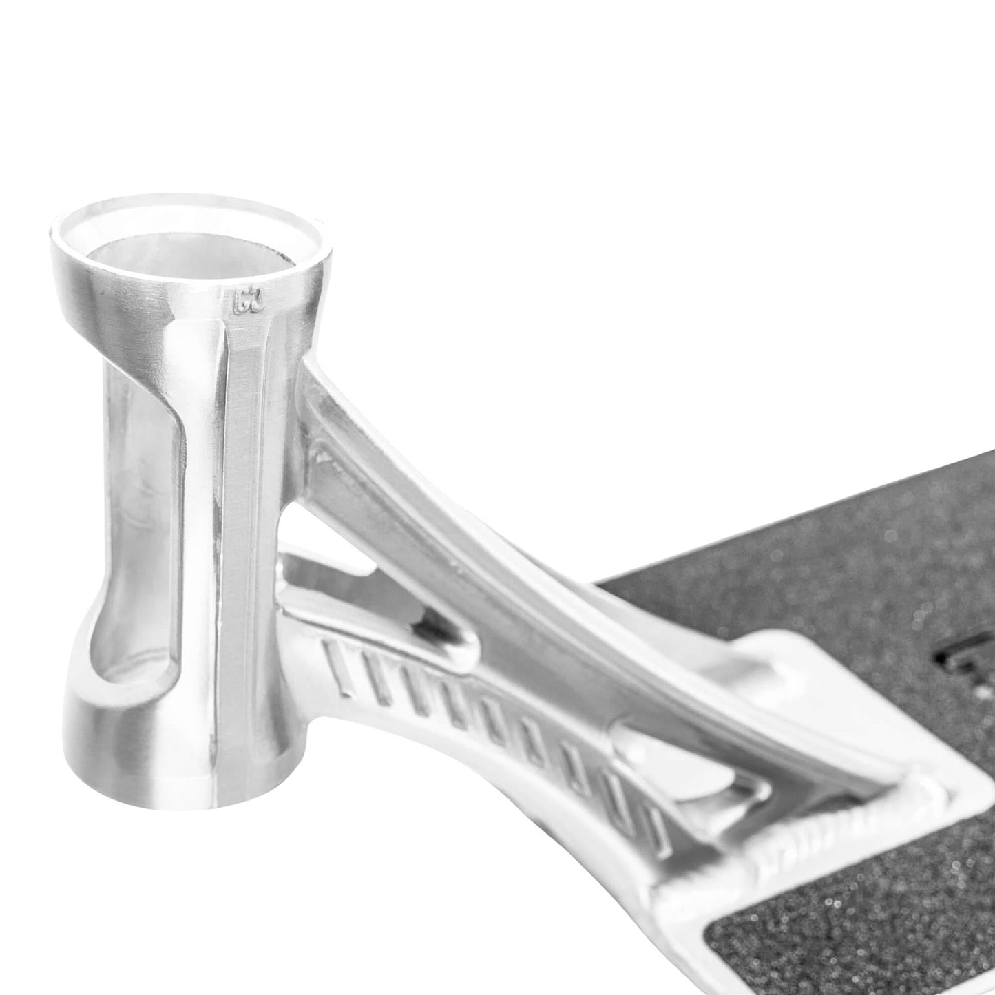 Close-up of the silver neck and headtube attached to the CORE ST3 Forged Polished Street Stunt Scooter Deck (6.5" x 22.5") by CORE, featuring cutouts and angled supports for street durability.